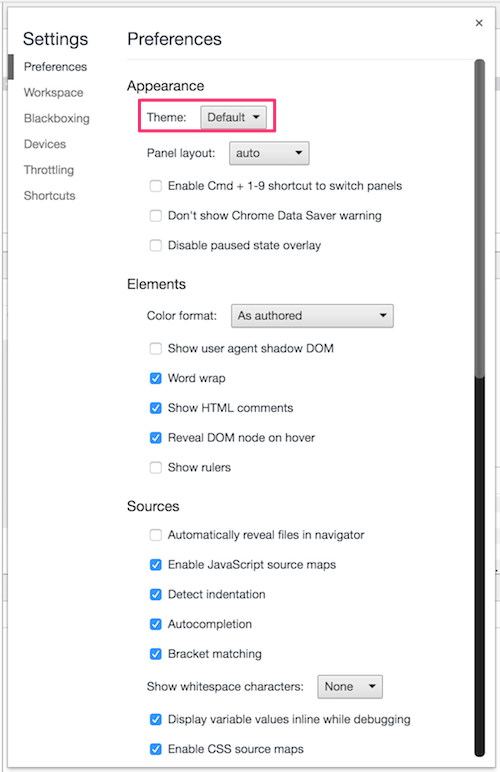 デベロッパーツールの設定ボタンの場所